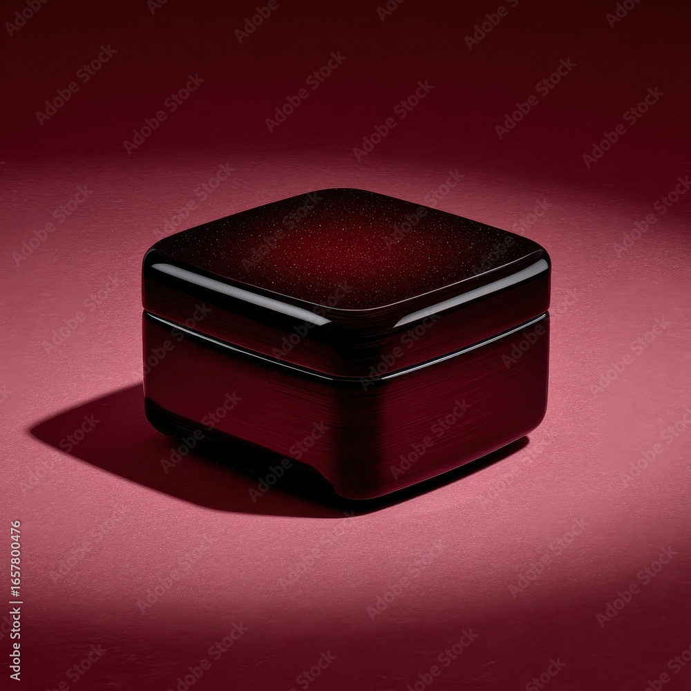 Poster dark red square box with subtle sparkle on a matching background. studio lighting.