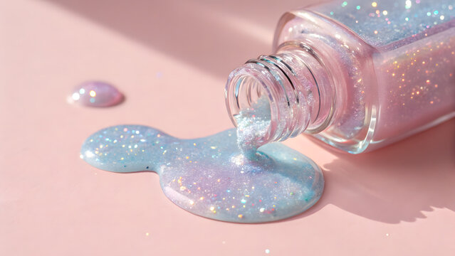 Sparkling pastel nail polish spills and drips on a soft pink surface