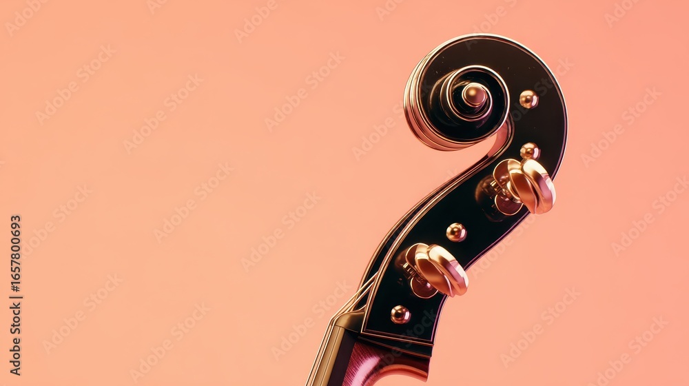 Poster close up of a dark colored string instrument's scroll against a coral colored background.