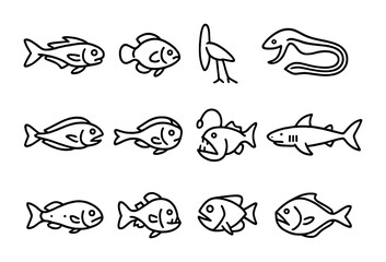Deep Sea Icons. Outline icon set of extreme depth fish: abyssal grenadier, hadal snailfish, tripod fish,