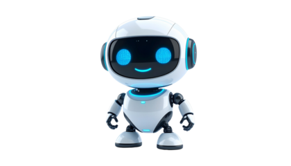 Small service robot with digital screen face, isolated on transparent background, futuristic assistant