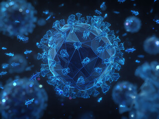 Detailed 3D representation of a virus in blue tones.