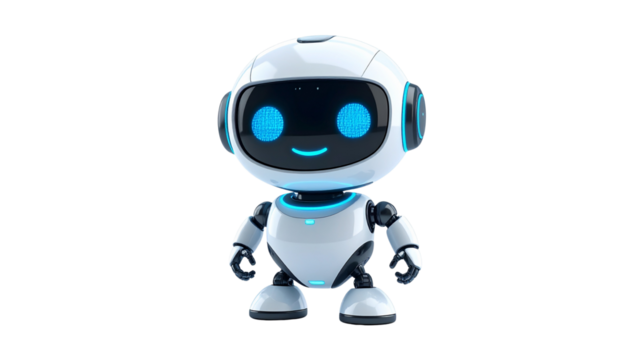 Small service robot with digital screen face, isolated on transparent background, futuristic assistant