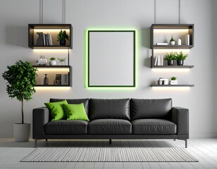 Modern Minimalist Living Room with Lime-Green Accented Artwork and LED Shelving