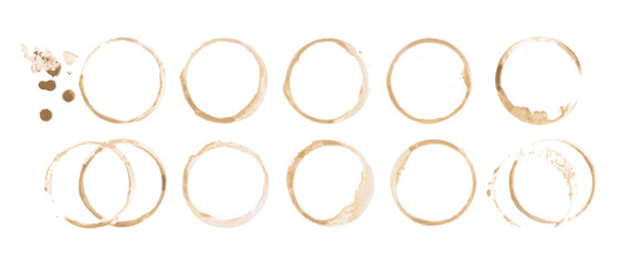 Coffee cup or tea stain drink ring vector illustration set isolated on white background. Coffee stain mark trace ring cup spot trace. Brown round splashes of drink collection.