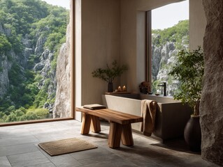 Fototapeta premium A bathroom with a wooden bench and a large window. A potted plant is on the right side of the window