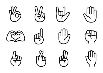 Fototapeta premium Hand Signal Icons. Outline icon set of symbolic hand signs: ok sign, victory sign, shaka sign, rock hand,