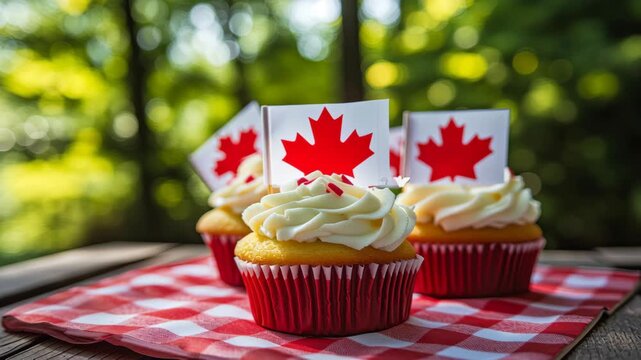 Canadian celebration cupcakes on picnic table in sunny outdoor setting - Powered by Adobe