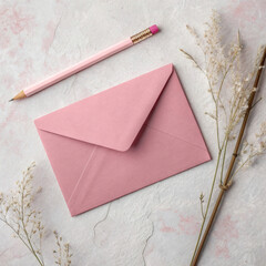 pink envelope with matching notecard and pencil arranged on a textured surface.