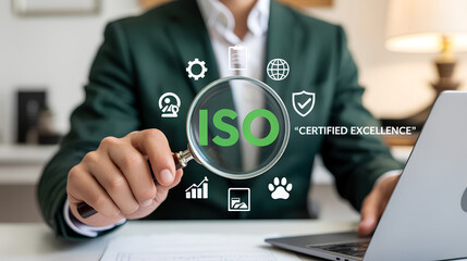 Business person examining iso certification with magnifying glass and icons