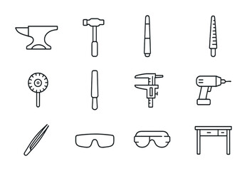 Goldsmith Tools Icons. Outline icon set of fair trade goldsmith tools: anvil, jeweler&rsquo;s hammer, blowtorch,