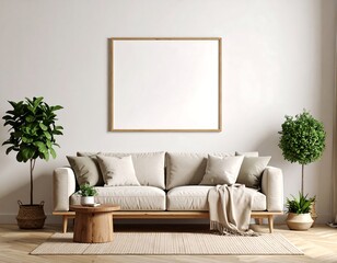 Minimalist Living Room Interior with Blank Frame, Neutral Tones, and Greenery