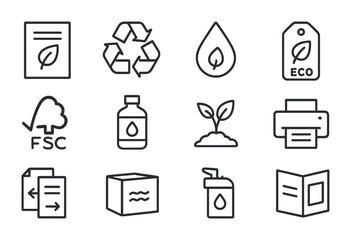 Eco-Friendly Printing Icons. Outline icon set of eco-friendly flyer printing: flyer, recycled paper, soy ink,