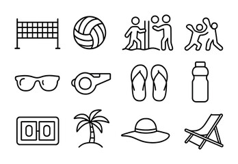 Fototapeta premium Beach Volleyball Icons. Outline icon set of beach volleyball: volleyball net, ball, sand court, players,