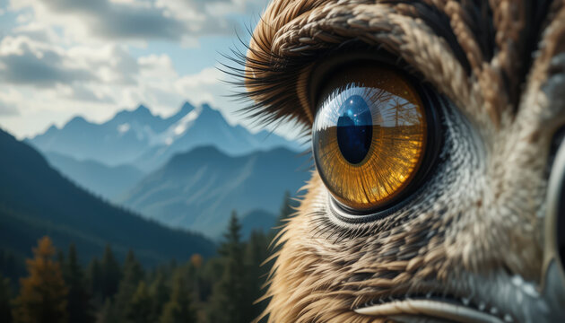 Majestic owl close-up mountain range wildlife photography natural environment eye-level view nature's beauty