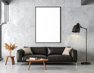 Industrial Loft Living Room Mockup: Blank Poster, Leather Sofa, Concrete Wall