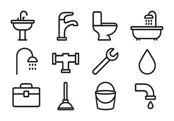 Plumbing Icons Collection. Outline icon set of residential plumbing systems: sink, faucet, toilet, bathtub,