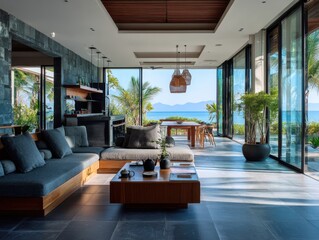 Fototapeta premium A large living room with a wooden coffee table and a couch. The couch is black and has pillows on it. There is a potted plant on the table. A window is open, and the view outside is of the ocean