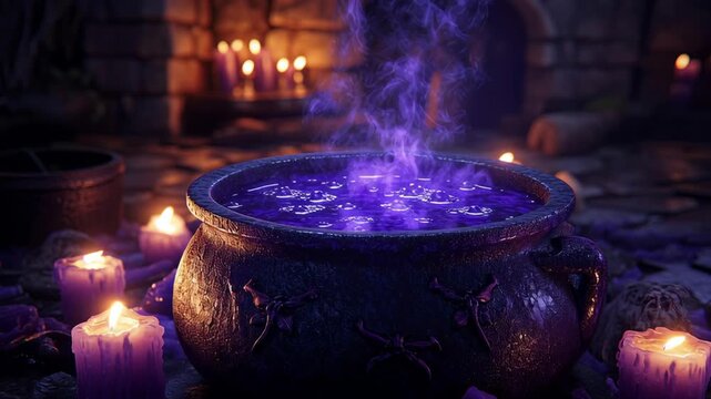 Enchanted cauldron bubbling amidst mystical candlelight in mysterious stone chamber
