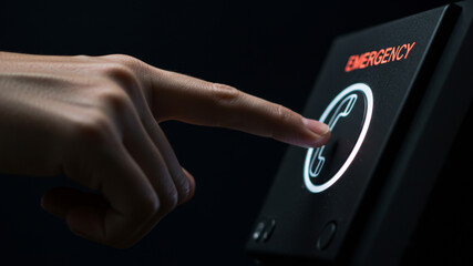 Human hand pressing a glowing emergency assistance button
