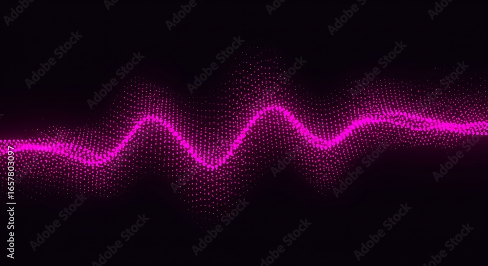 Poster dynamic pink digital wave composed of sparkling particles, an abstract glowing energy pulse creating