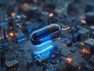 A futuristic capsule above a microchip circuit board.
