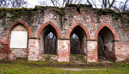 A weathered brick wall with arched openings displays a sense of history and decay in a park-like setting.
