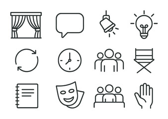 Theater Icons Set. Outline icon set of scene creation exercises: stage, speech bubble, spotlight, light bulb,