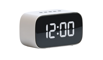 A white digital alarm clock, showing the time as 1200.  Rounded edges, a black digital display, and a slightly angled perspective