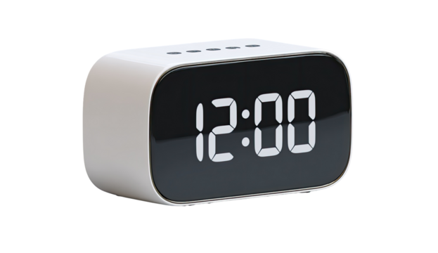 A white digital alarm clock, showing the time as 1200.  Rounded edges, a black digital display, and a slightly angled perspective