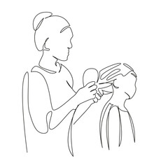 One continuous single drawing line art flat doodle mother, child, daughter, family, hair, girl, combing, care. Isolated image hand draw contour on a white background, hand drawn, not AI