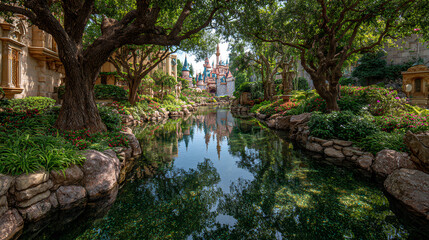 Obraz premium fairytale castle with garden trees and river reflection