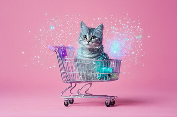 Gray Cat in Shopping Cart with Magic Sparkles. Generative AI.