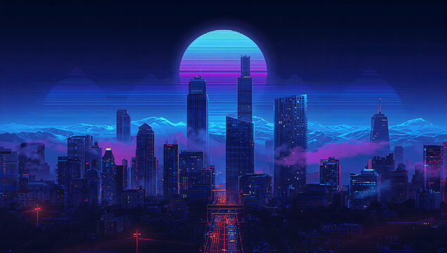 Retro synth wave skyline: sound wave morphing into city blocks, neon blues and magentas, 80s vapor haze
