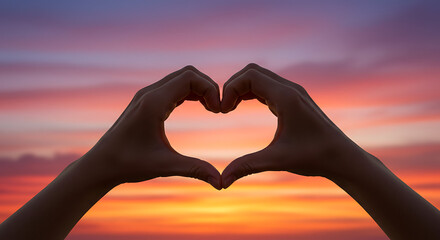 Silhouette of hands forming a heart shape against a vibrant sunset sky.