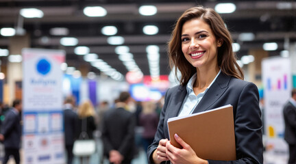 Fototapeta premium Smiling businesswoman with folder at conference