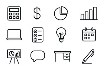 Marketing Icon Set. Outline icon set of marketing budget planning: calculator, dollar sign, pie chart, bar
