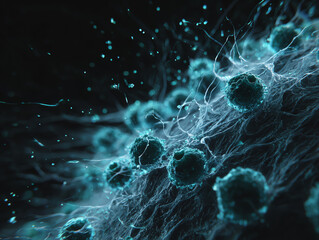 Fototapeta premium Illuminated microscopic view of cells and fibers in dark background.