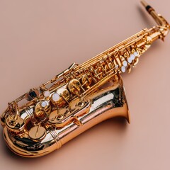 Fototapeta premium Gold colored alto saxophone on a light brown background. The saxophone is angled and detailed.