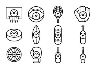 Sporty Upcycled Clocks. Outline icon set of sports-themed upcycled clocks: basketball hoop clock, football