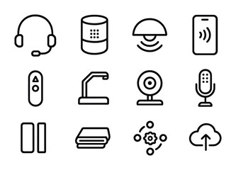 Hands-Free Device Icons. Outline icon set of hands-free office devices: headset with mic, smart speaker,