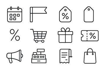 Promotional Event Icons. Outline icon set of promotional events: calendar, sale banner, discount tag, price