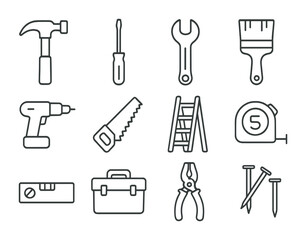 Obraz premium DIY Tools Icons. Outline icon set of DIY renovations: hammer, screwdriver, wrench, paintbrush, drill, saw,