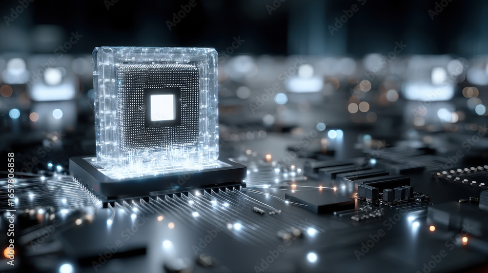 Poster futuristic ai quantum processor with transparent chip and glowing effects set in dark tech environme