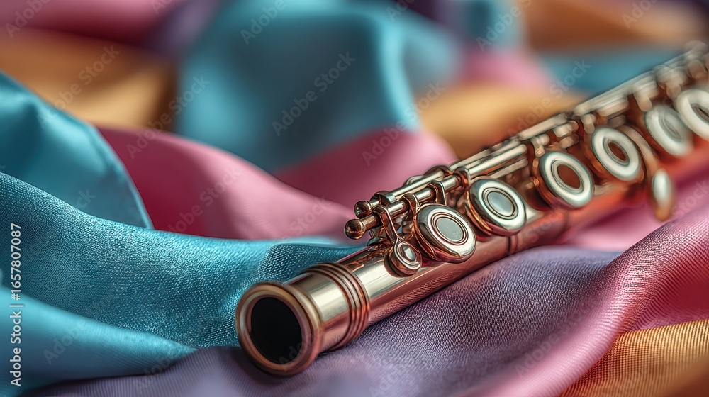 Poster close up of a gold flute resting on colorful fabric. the flute is in sharp focus, while the fabric i