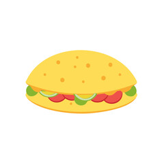 Flat Illustration of Pita Sandwich with Yellow Bread, Sliced Tomatoes, Cucumber, and Lettuce