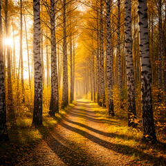 Sunlit Path Through Golden Autumn Birch Forest