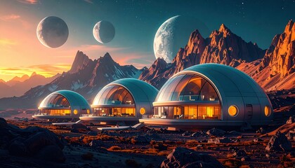 Sleek futuristic dome structures illuminated under a surreal alien sky with rocky terrain and towering peaks, evoking interplanetary exploration