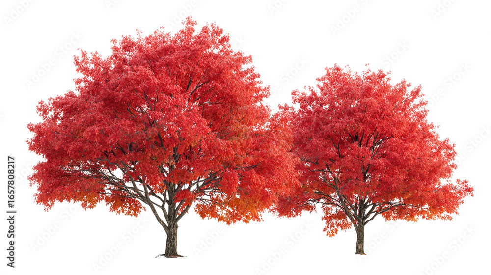 Poster vibrant red maple trees background isolated on a transparent background, png file.