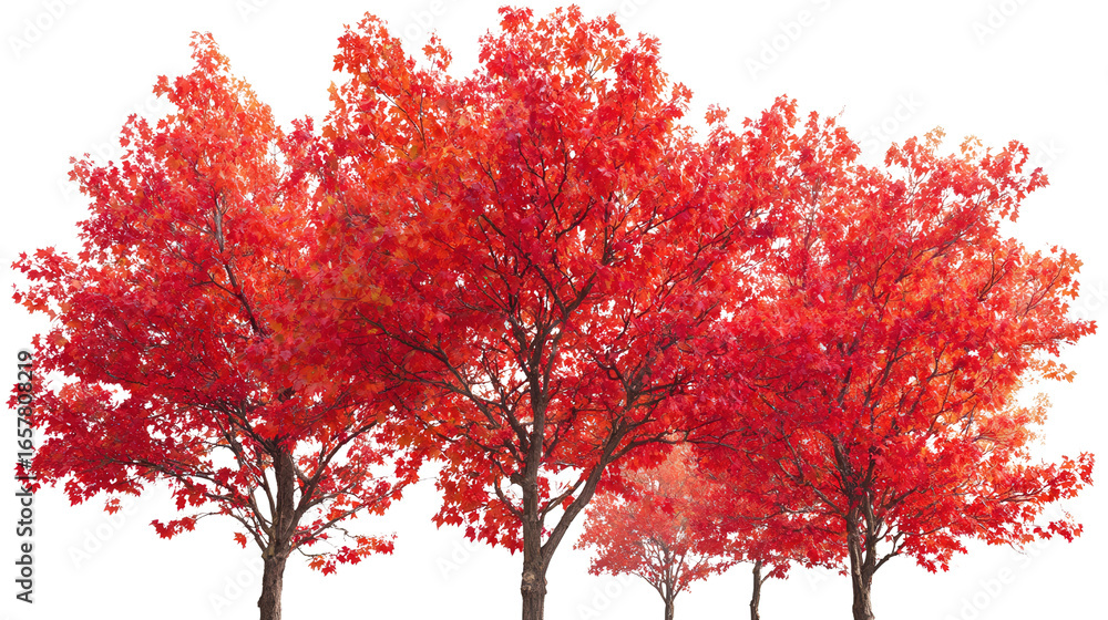 Poster vibrant red maple trees background isolated on a transparent background, png file.